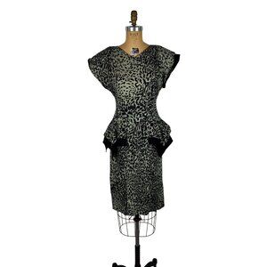 Vintage 80s Peplum Dress Womens Extra Small 40s Style Leopard Print Wiggle